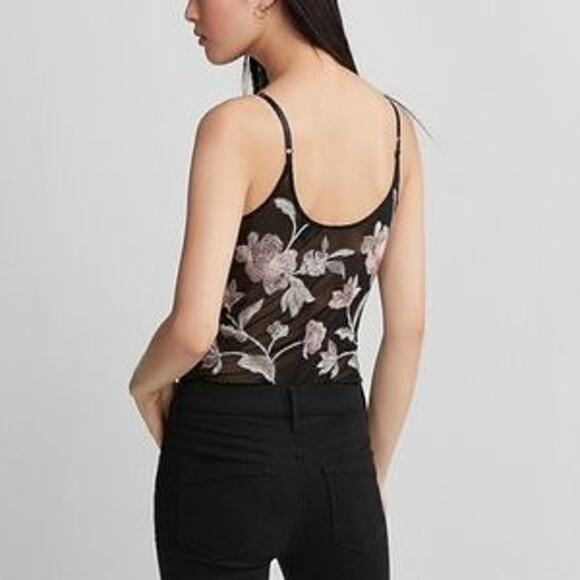 Express Womens XS Black Floral Embroidered Sheer Bodysuit Tank Top Scoop Thong - Picture 11 of 11